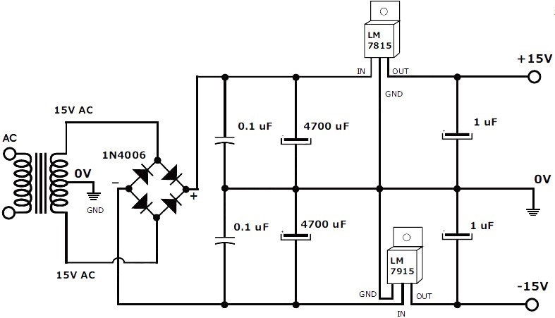 Tổng hợp sơ đồ mạch ổn áp 15V DC đối xứng và không đối xứng - Mạch điện tử